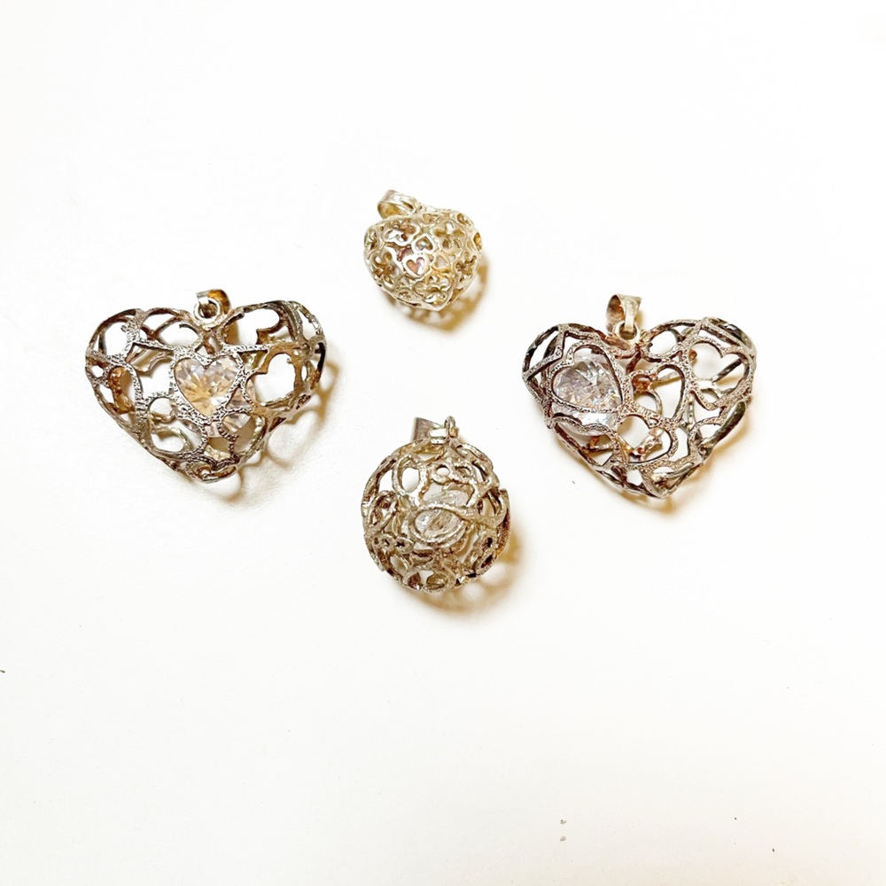 925 STERLING SILVER Bundle of 4 Puffy Heart Cage Pendants with Loose Crystals